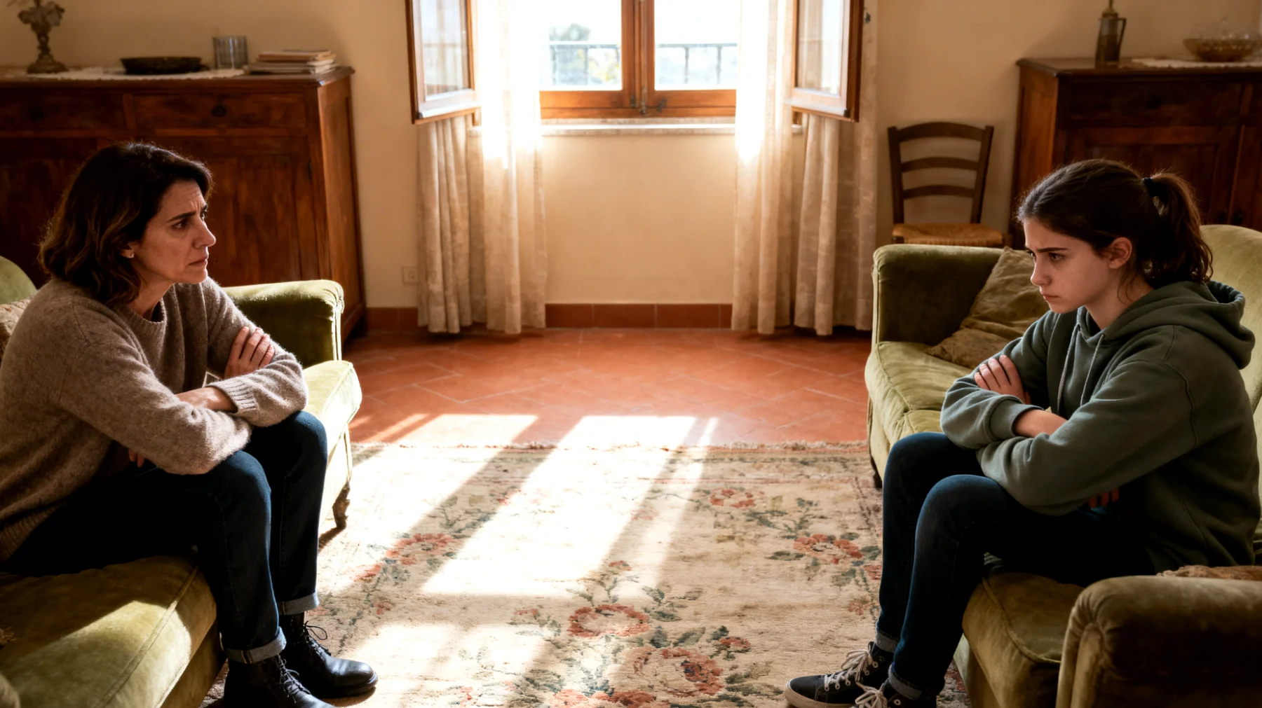 Mamma che fatica a comunicare con la figlia adolescente: dialoghi che si trasformano in silenzi, risposte monosillabiche e incomprensioni continue che creano distanza emotiva"