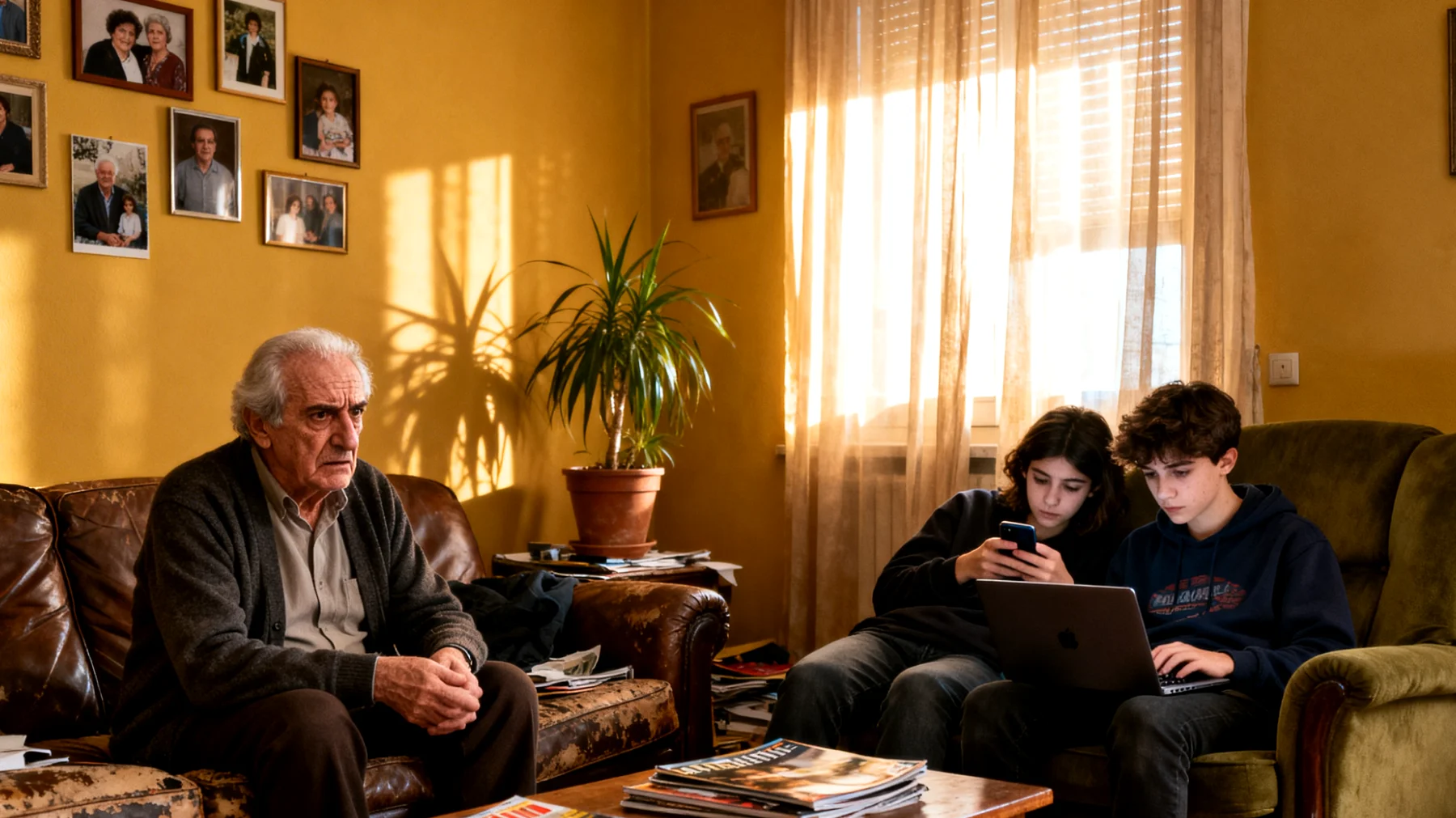 Il nonno fatica a comprendere e accettare i valori, le scelte di vita e gli interessi dei nipoti adolescenti, creando tensioni e incomprensioni legate al divario generazionale"